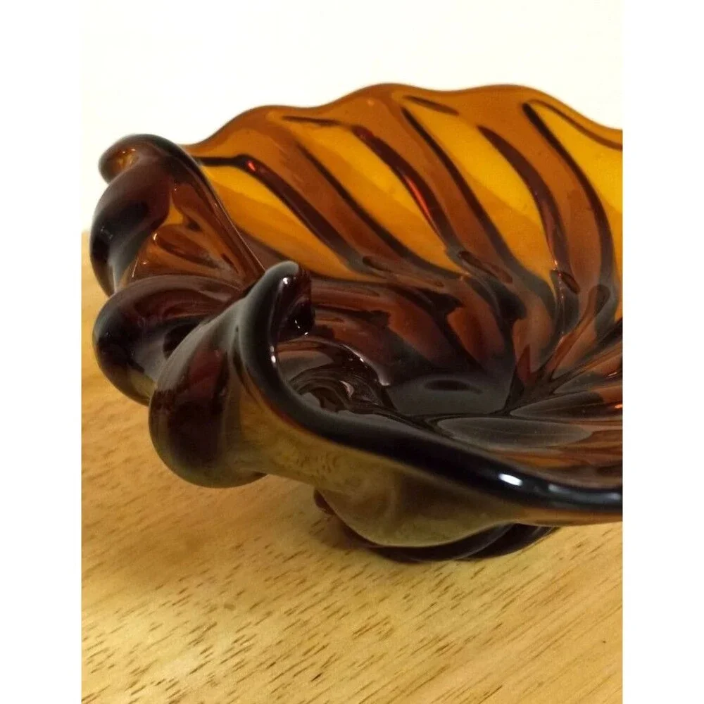 Vintage MCM Murano Style Amber Art Glass Ruffled Swirled Bowl /Catchall 8